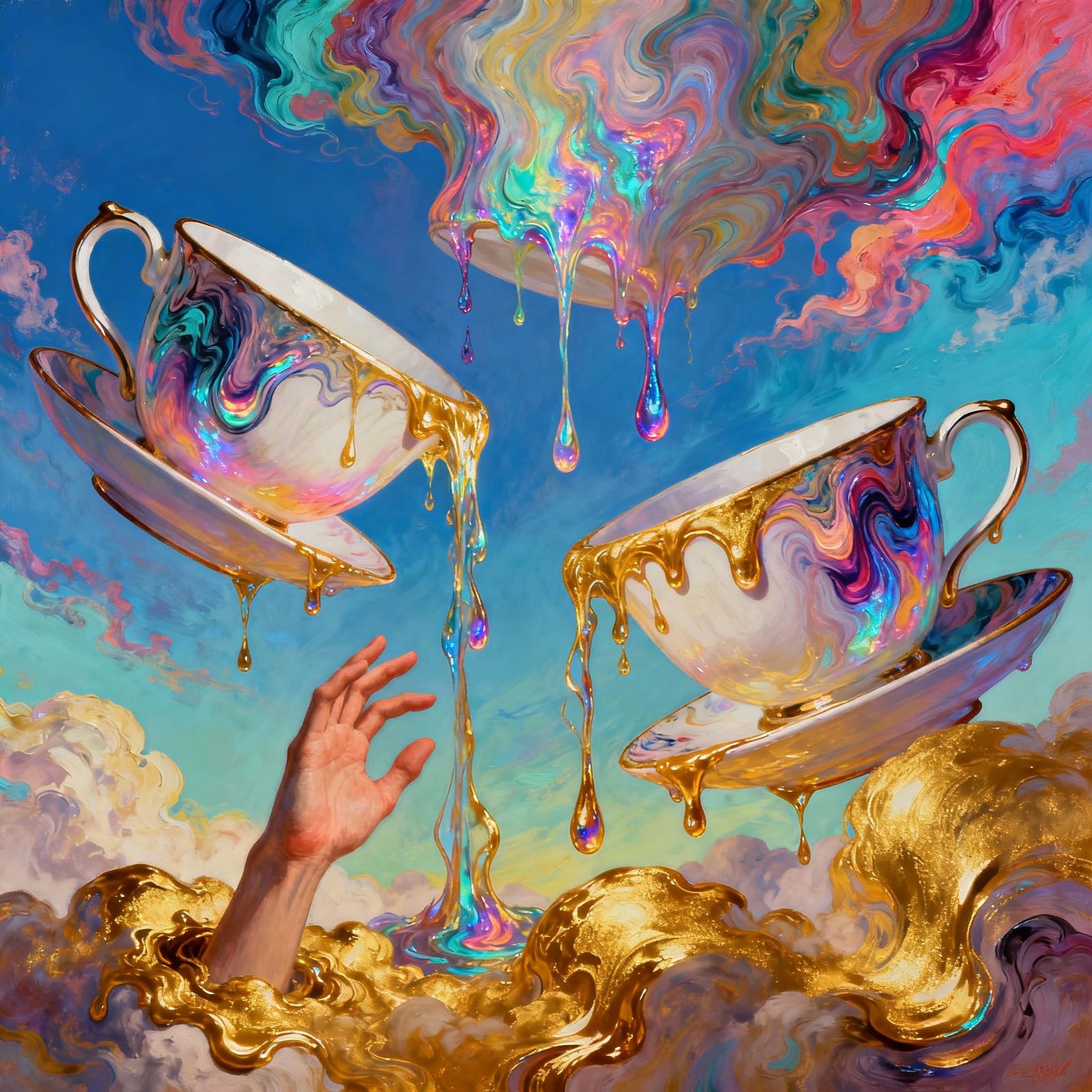 Surreal Dreamscape with Floating Teacups and Golden Clouds