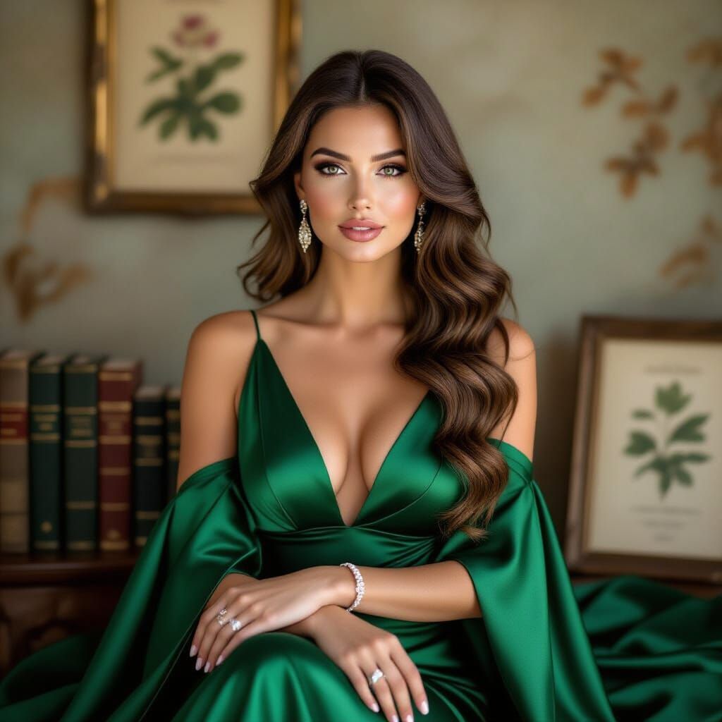 A glamorous portrait photograph showcases a strikingly volup...