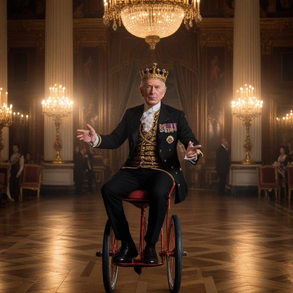King Charles Juggles Fire on Unicycle in Palace