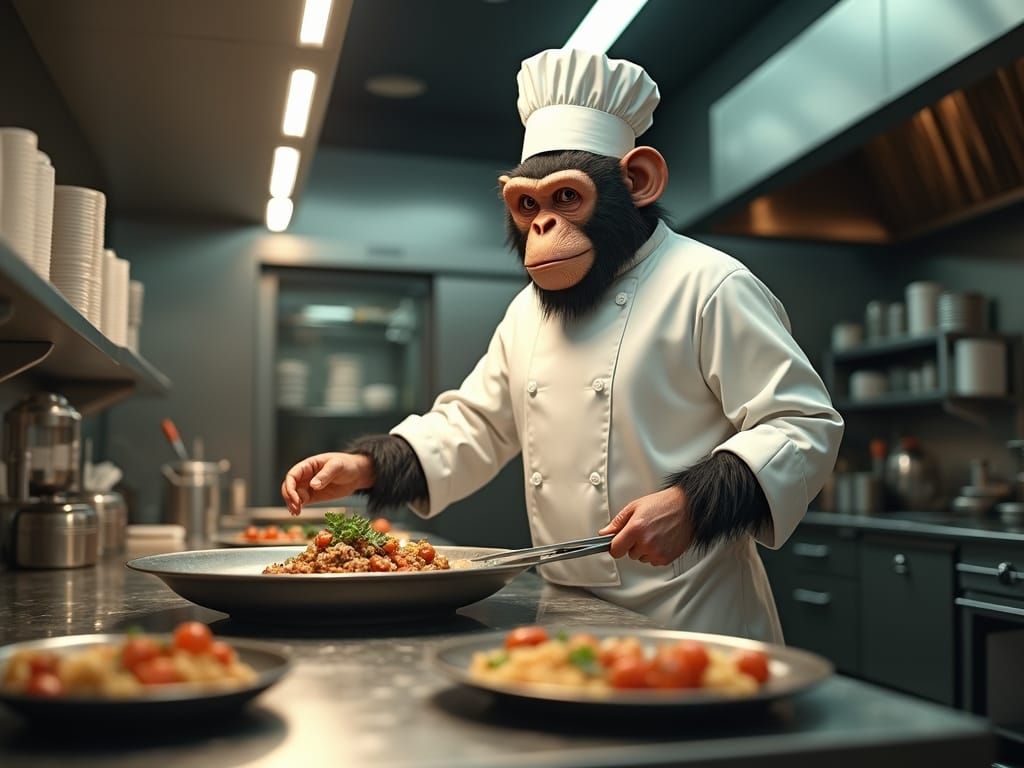 Primate Chef Cooking in 3-Star Restaurant, 3D Render