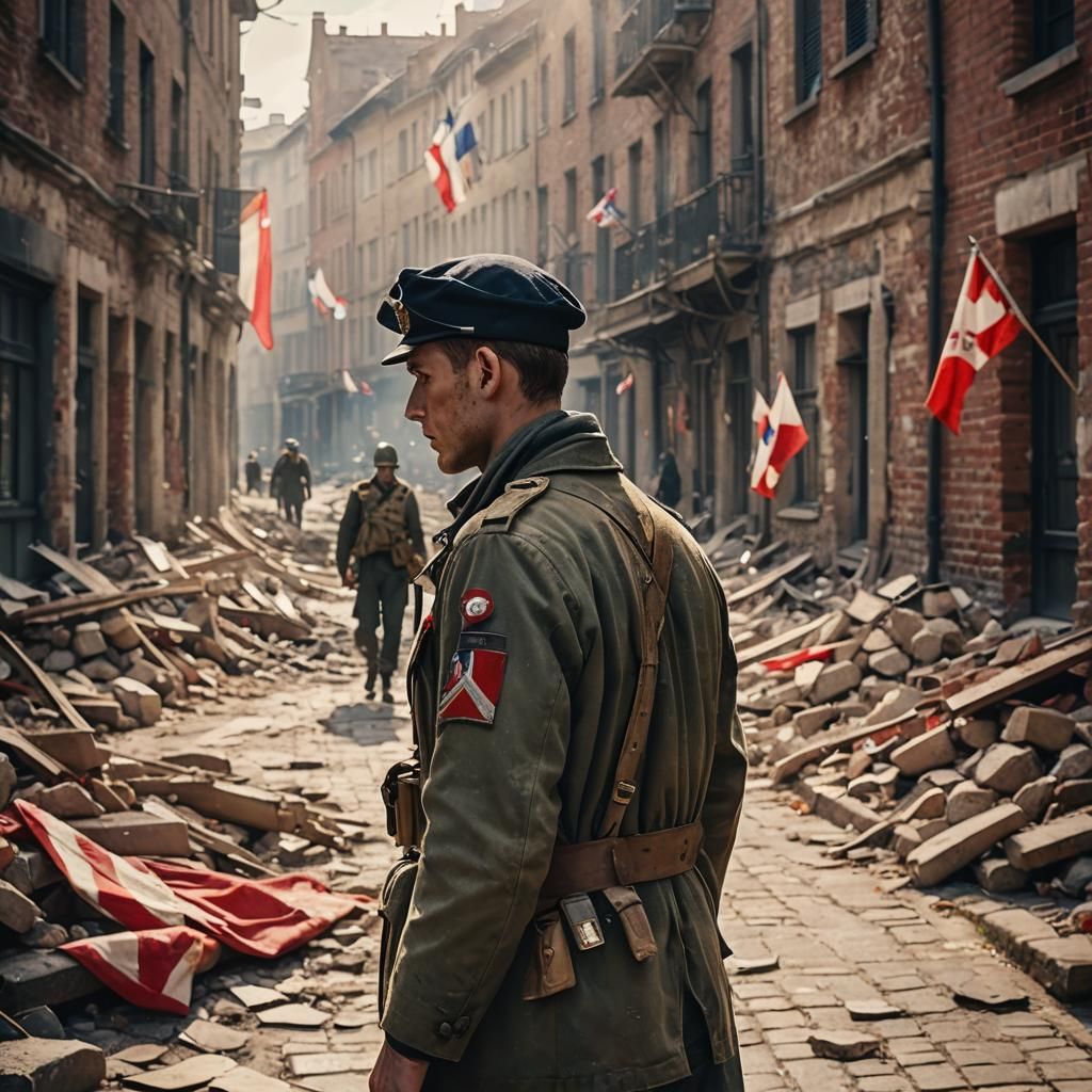 War-Torn City Scene with Soldier in Cinematic Realism