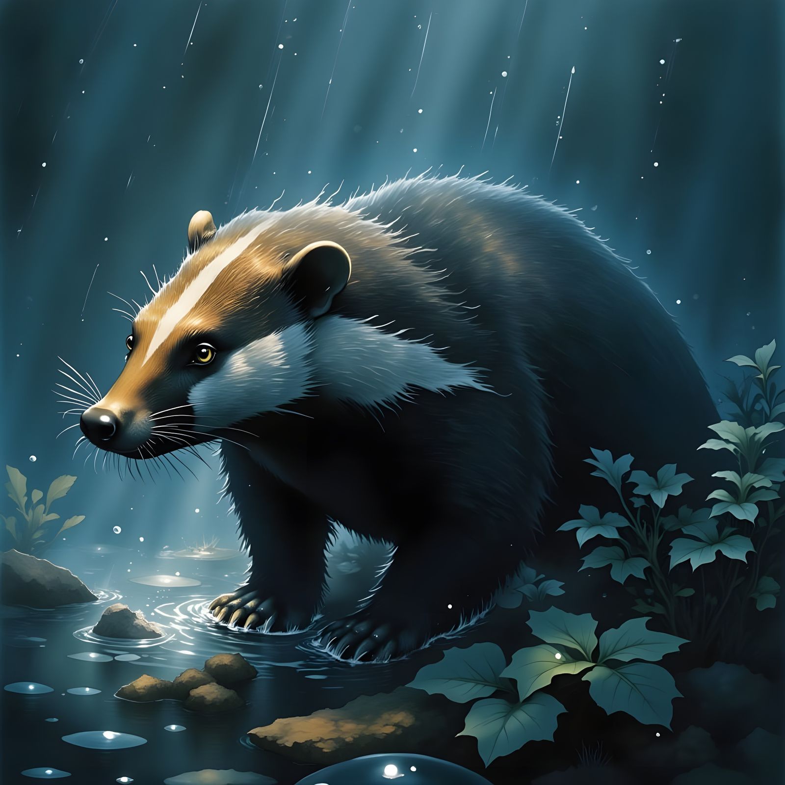 Badger in Whimsical Rainy Landscape