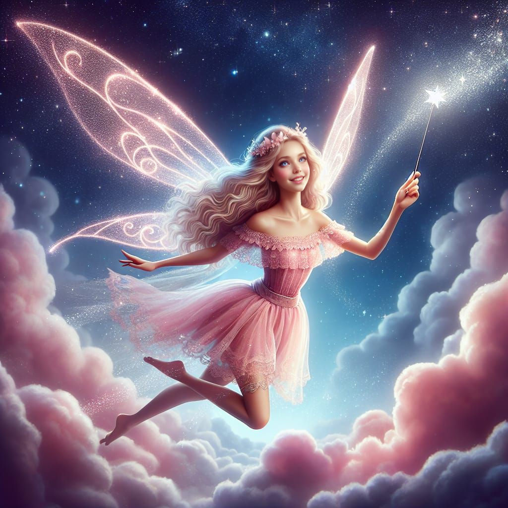 Elegant Fairy Soaring Through the Starry Sky