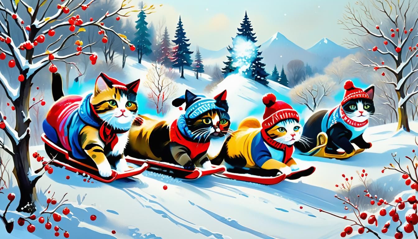 Whimsical Cats Sled in Vibrant Winter Wonderland with Rich T...