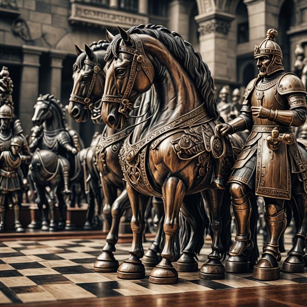 Trojan Horse Gallops on Chessboard: Hyperrealistic HDR Image
