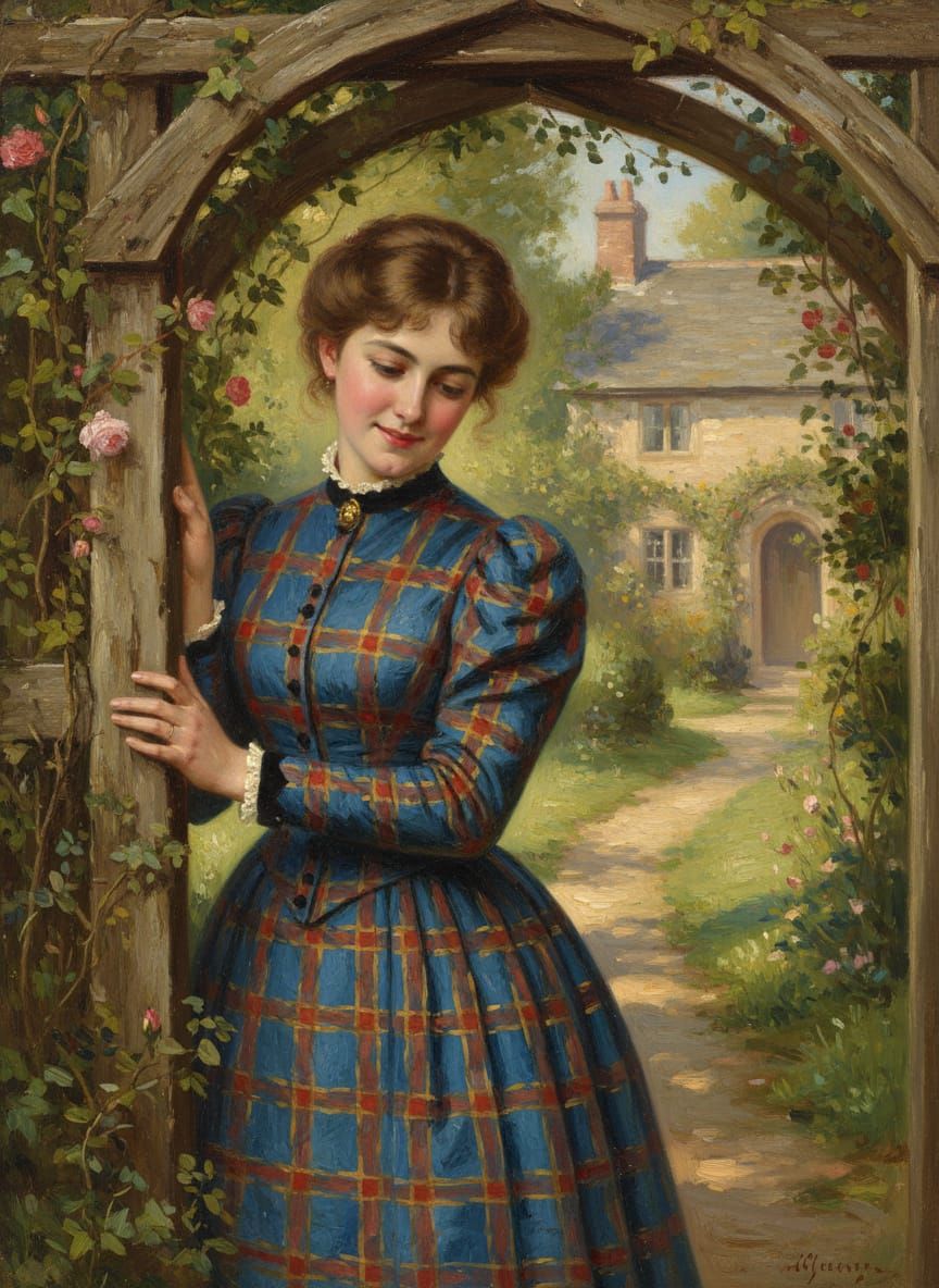 Victorian Woman in Checkered Dress by Rustic Entryway