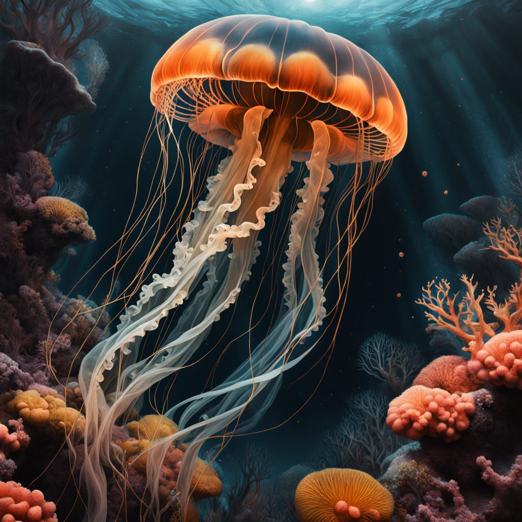 Ghostly Jellyfish in Coral Reef with Gold Filigree
