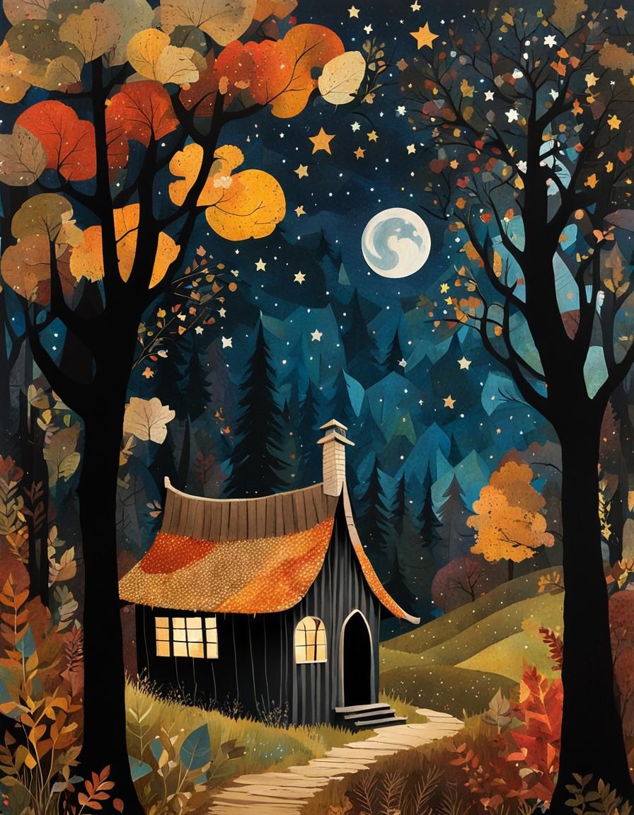 Mystical Autumn Woodland Hut: Mixed Media Collage