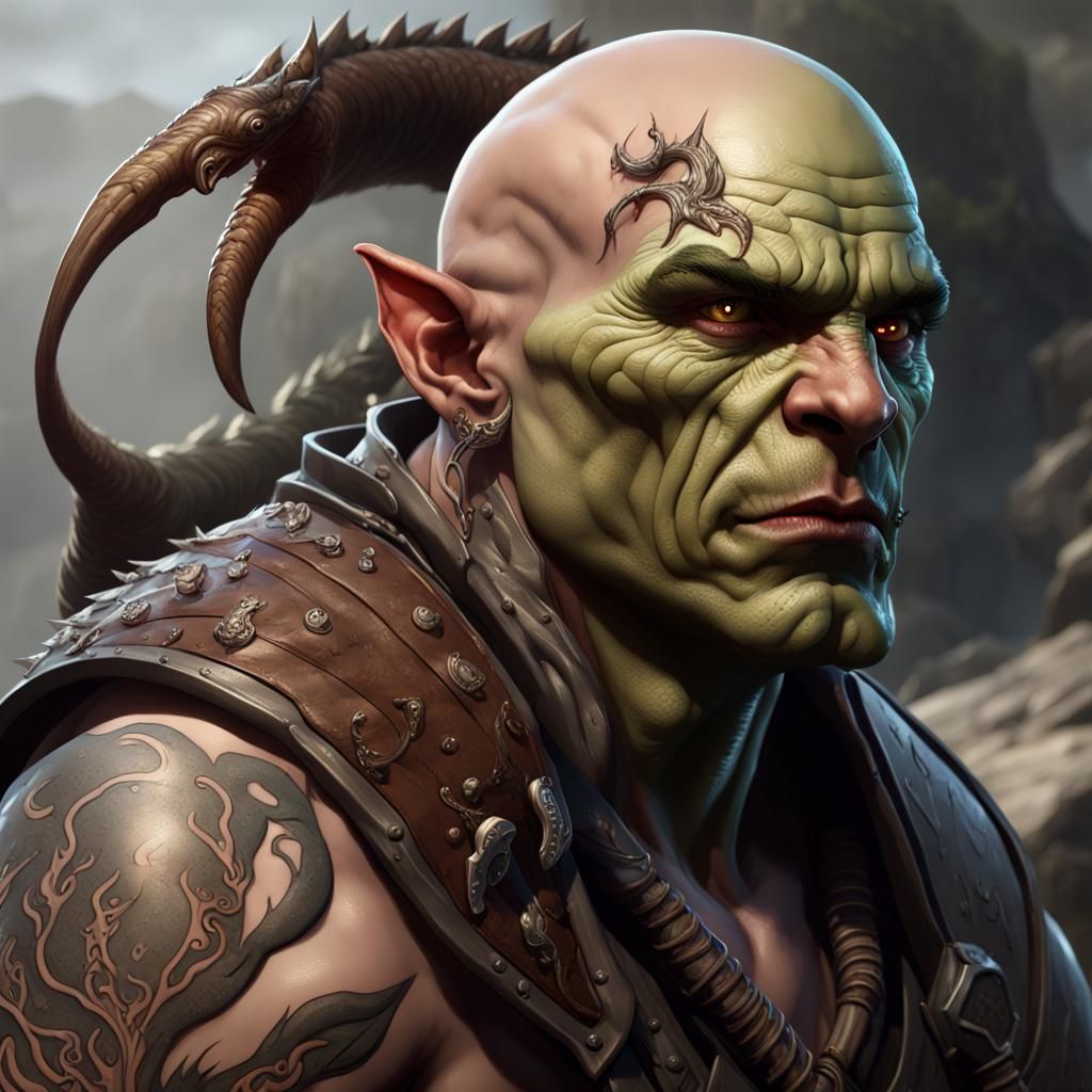 Half-Orc Ranger with Lindworm in Dark Fantasy Style