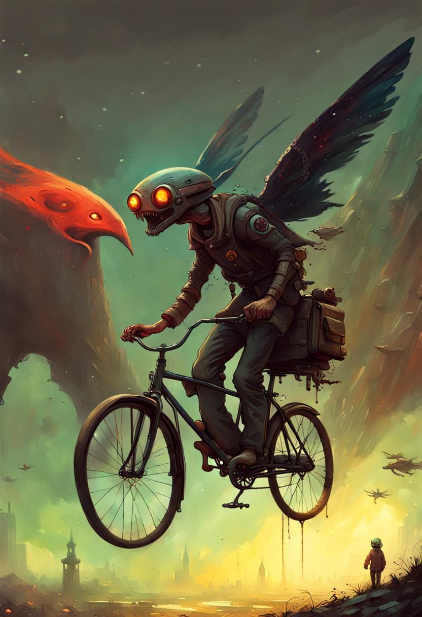 Alien Rider on Flying Bike: Retro Sci-Fi Art