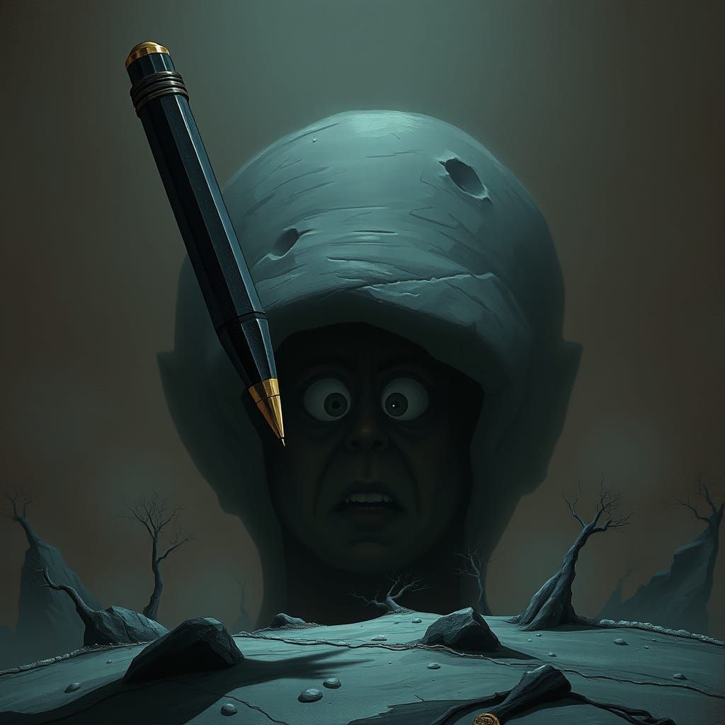 Ominous Pen Hovers Near Fearful Eye in Dark Fantasy Style