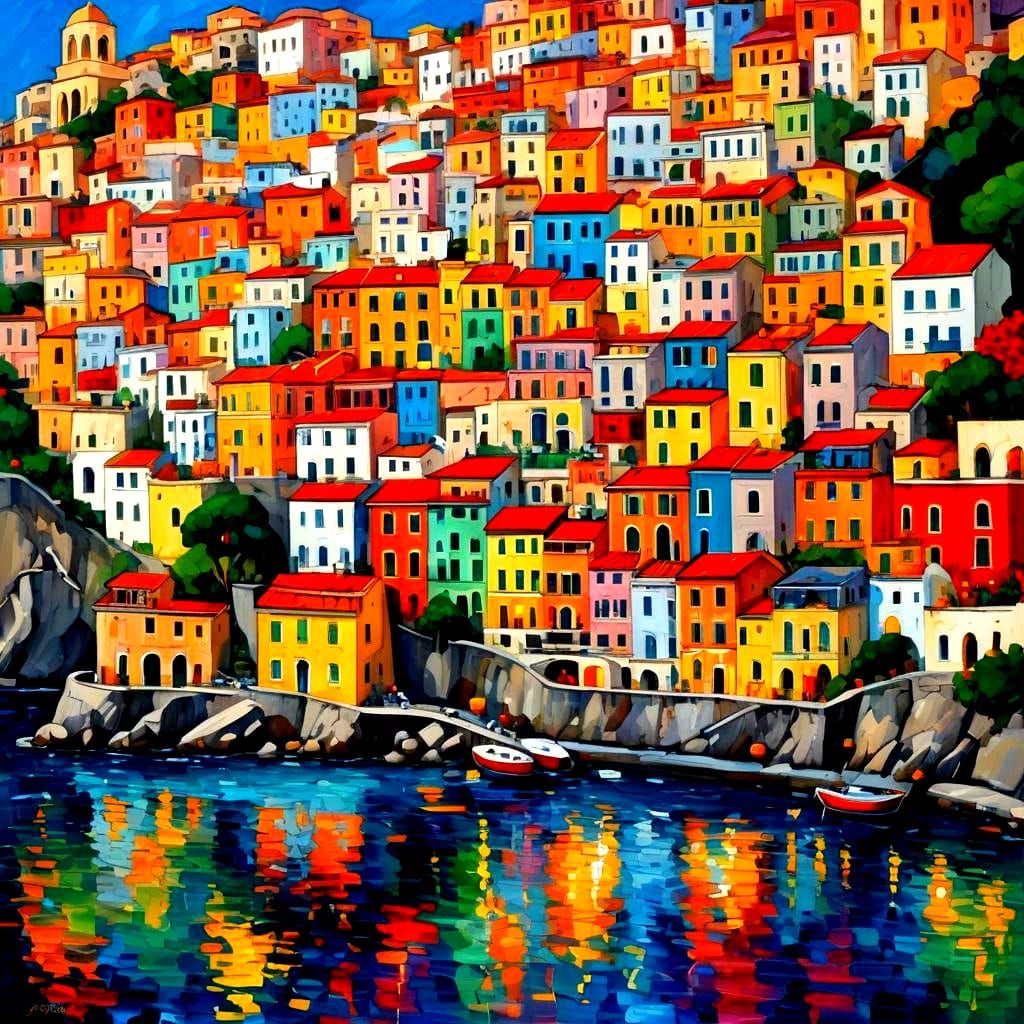 Amalfi Coast Town in Neo-Impressionist Style