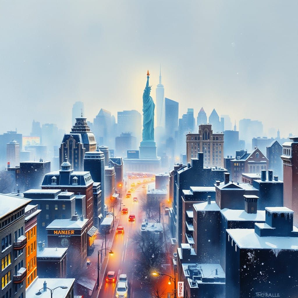 Winter Manhattan Cityscape in Gouache and Watercolor Style