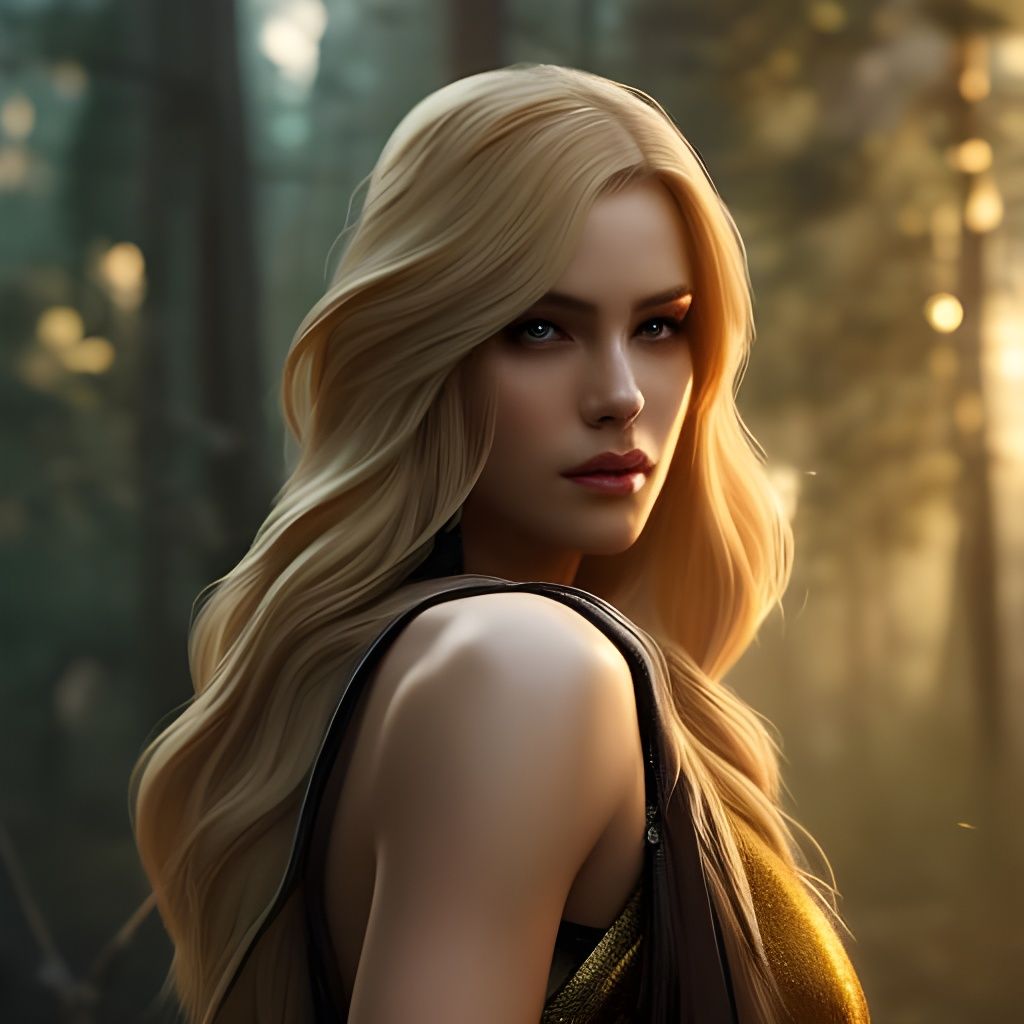 Blonde Woman in Forest: Hyperdetailed Splash Art