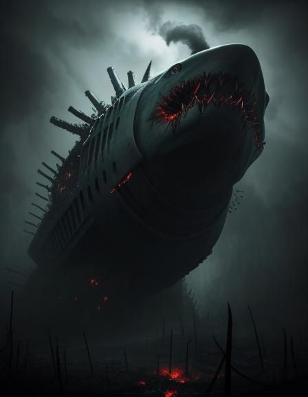 Menacing Shark Police Car in Industrial Surrealism