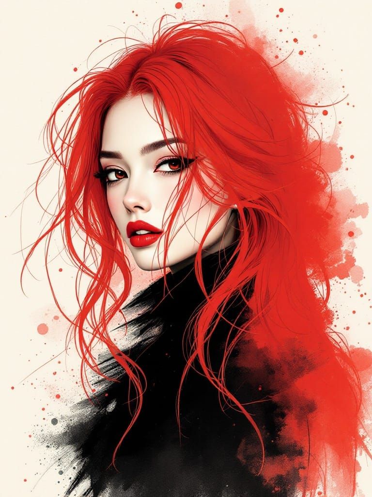 Ethereal Japanese Ink Brush Art of a Red-Haired Woman