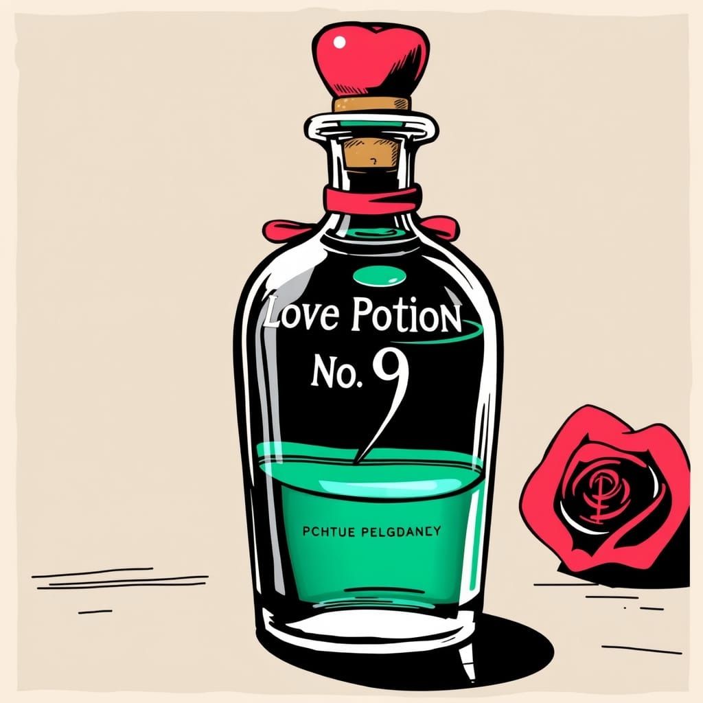 Surreal Whimsical Love Potion No. 9½ in a Playful Digital Ar...