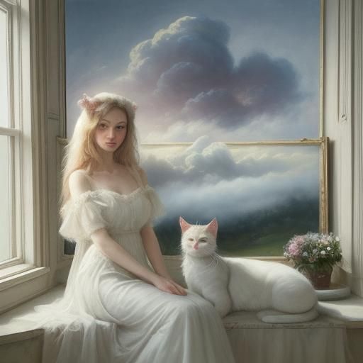 Dreamlike Cat and Owner in Surrealist Painting