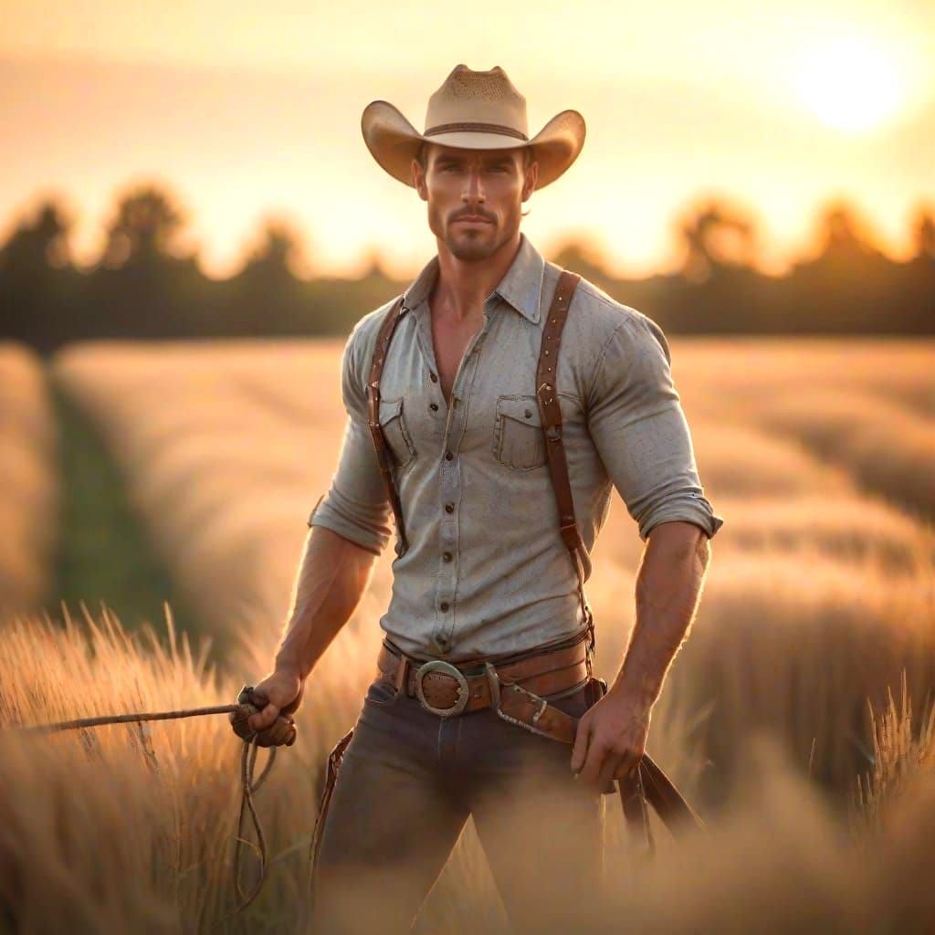 Handsome Cowboy in Wheat Field at Sunset