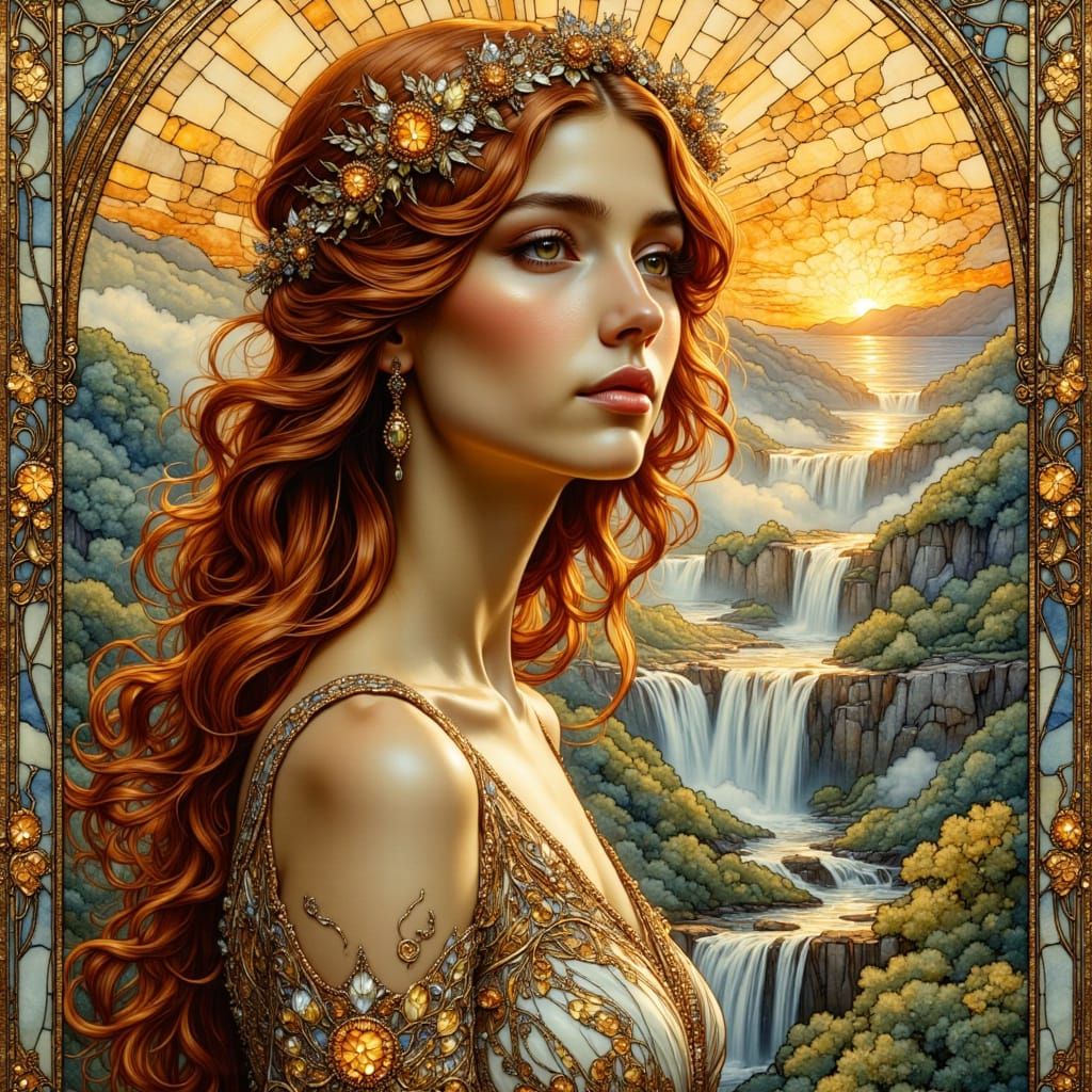 Art Nouveau Woman in Stained Glass Style