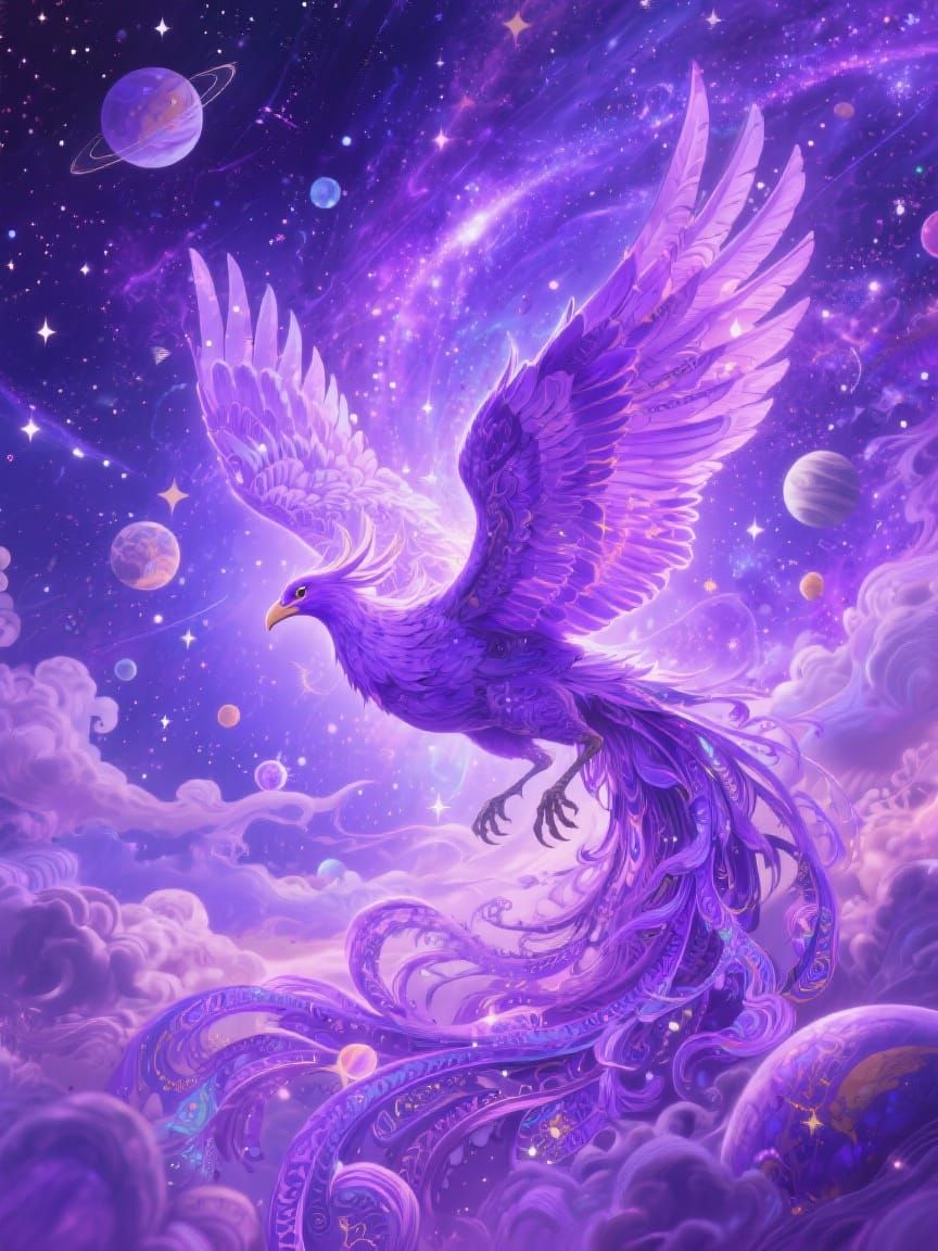 Ethereal Purple Phoenix Soaring Through Galaxy in Flight