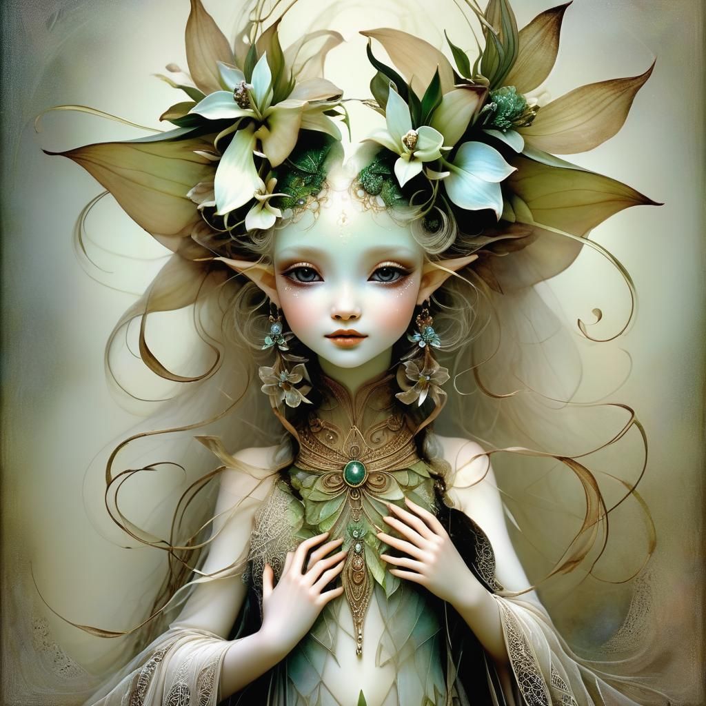 Elf Child Riding Kitten Boat in Pointillism Style