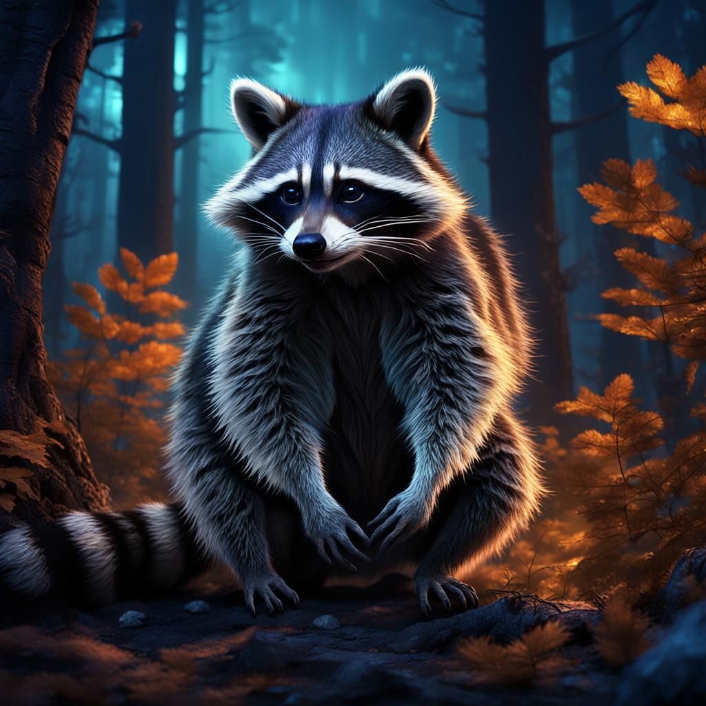 Raccoon in Forest: Detailed Matte Painting