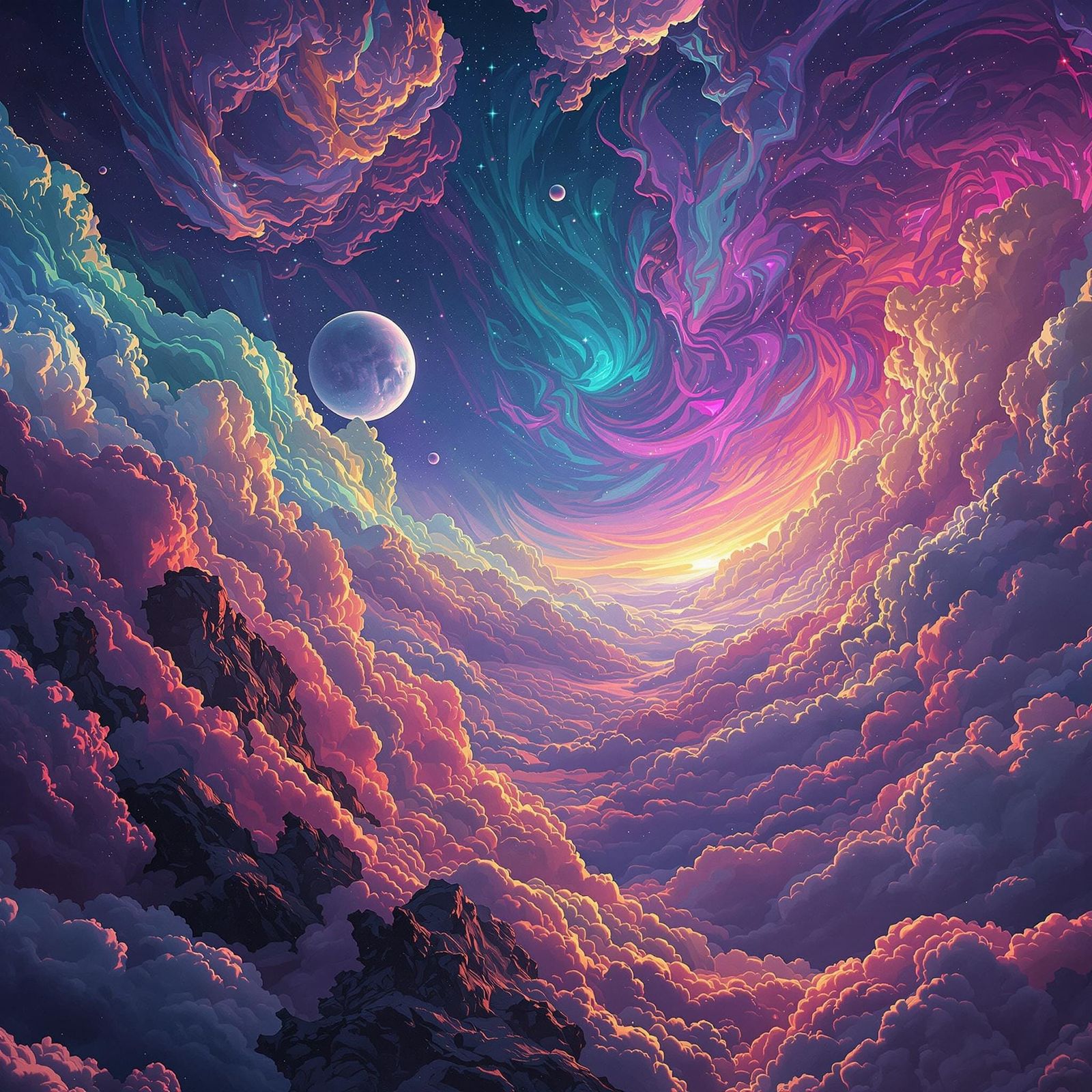 Cyberpunk Dreamscape with Swirling Clouds and Neon Accents