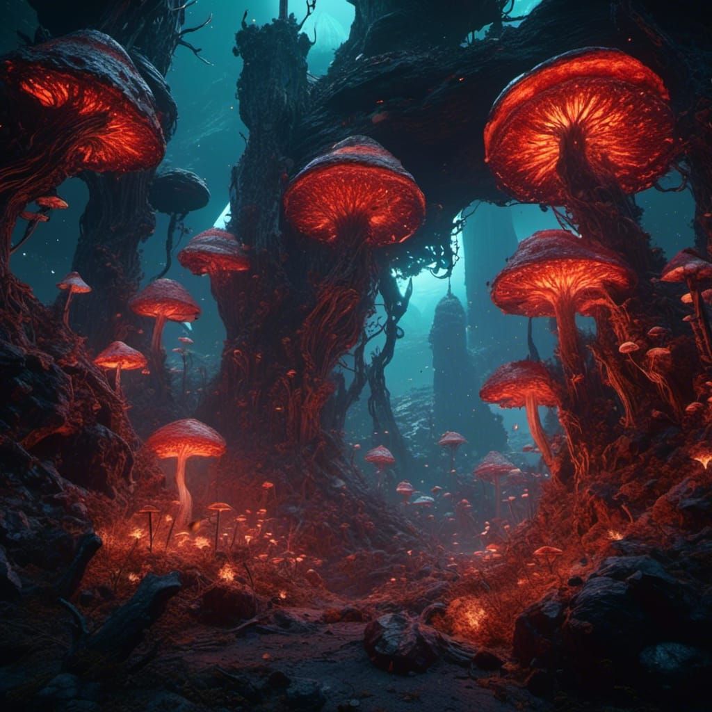 Lava Flowing Through a Fantastical Mushroom Forest