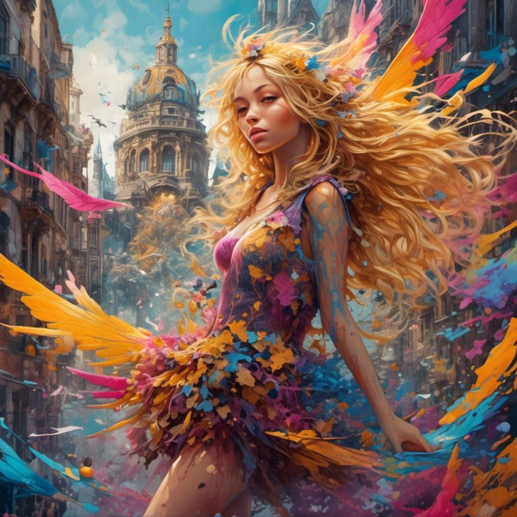 Fairy Flying Above Magical City in Graffiti Art Style