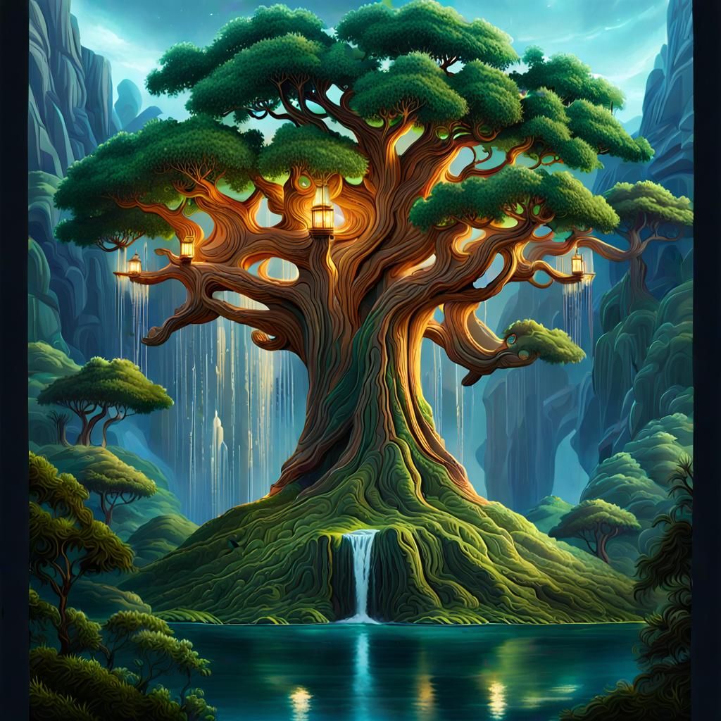 Fantasy Tree in Utopian Landscape, Detailed Matte Painting