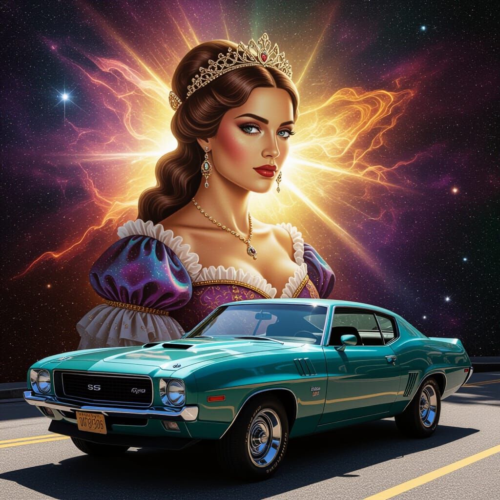 Baroque Noble Woman and Muscle Car in Dramatic Light