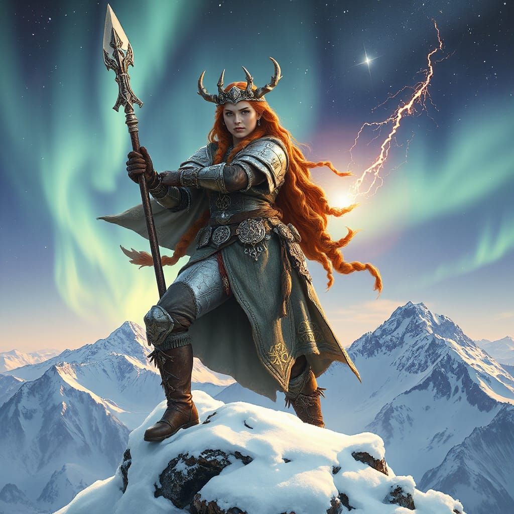 Redhead Valkyrie Warrior on Snowy Peak in Art Nouveau Style