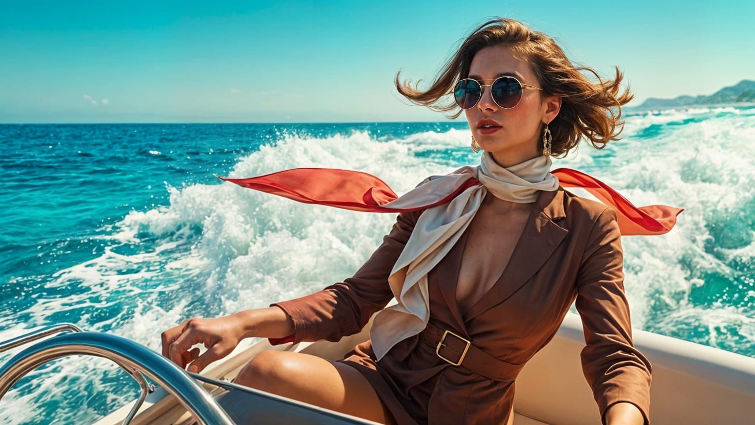 Glamorous Woman on Speeding Motorboat in 1970s Jet-Set Style