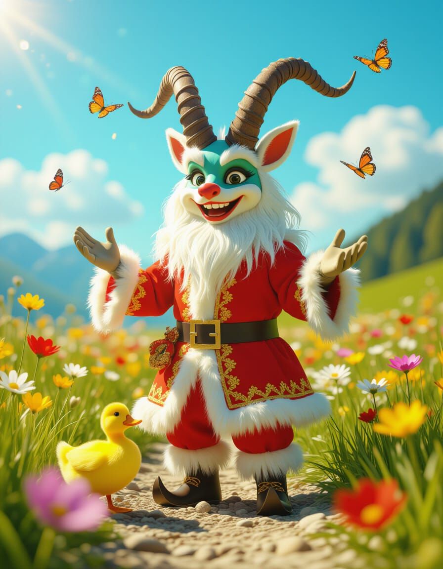 Krampus in Flower Meadow with Duck, 3D Render