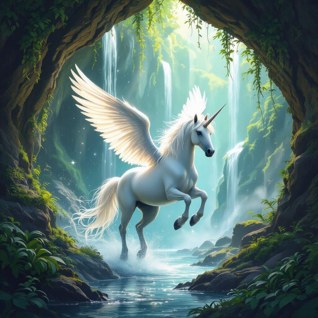 Winged Unicorn Emerges from Mystical Cave