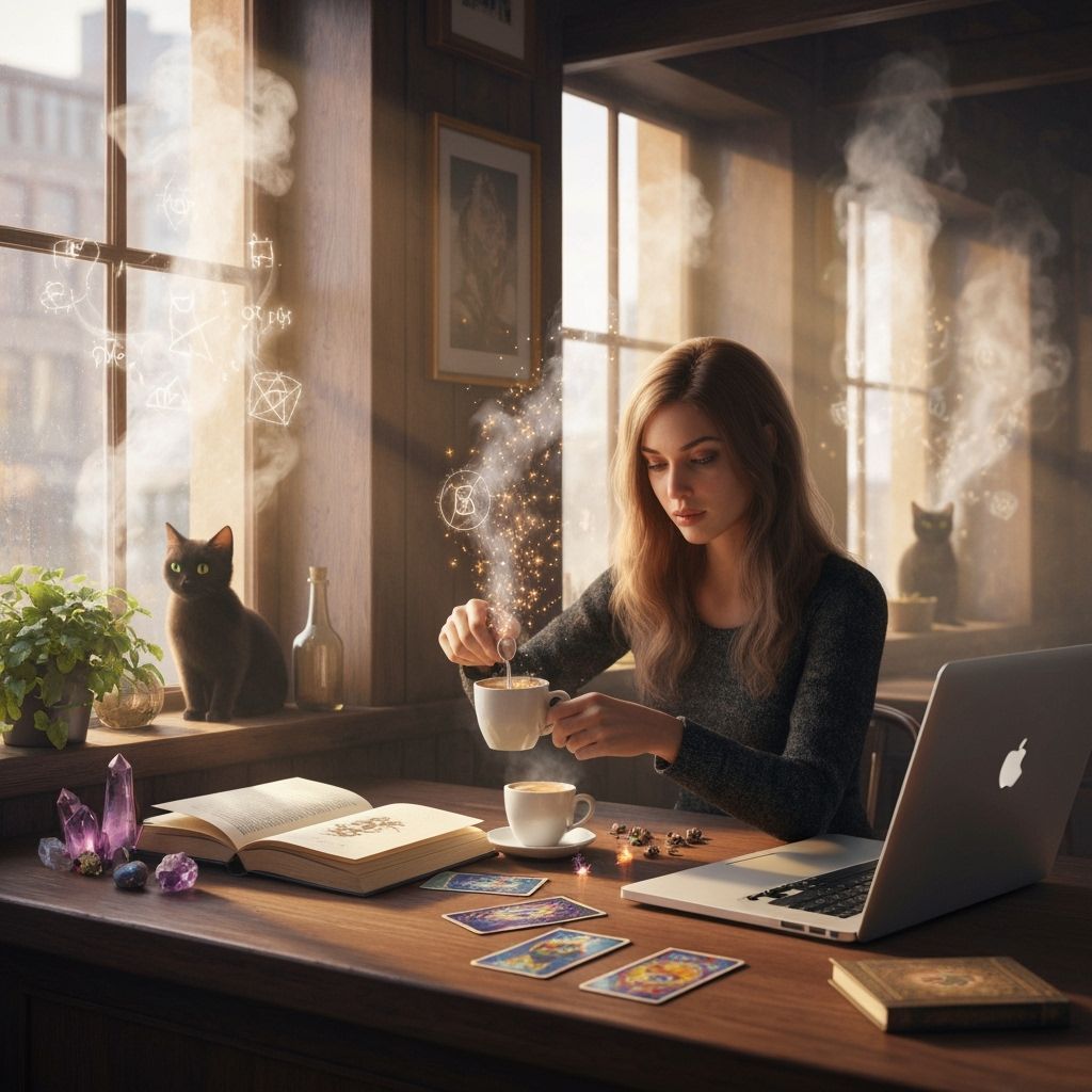 Modern Witch in Cozy Cafe at Dawn