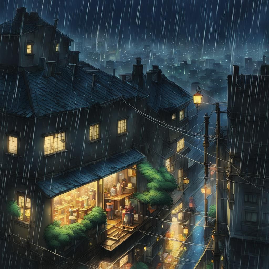 Rainy City Night: Studio Ghibli Anime Visual
