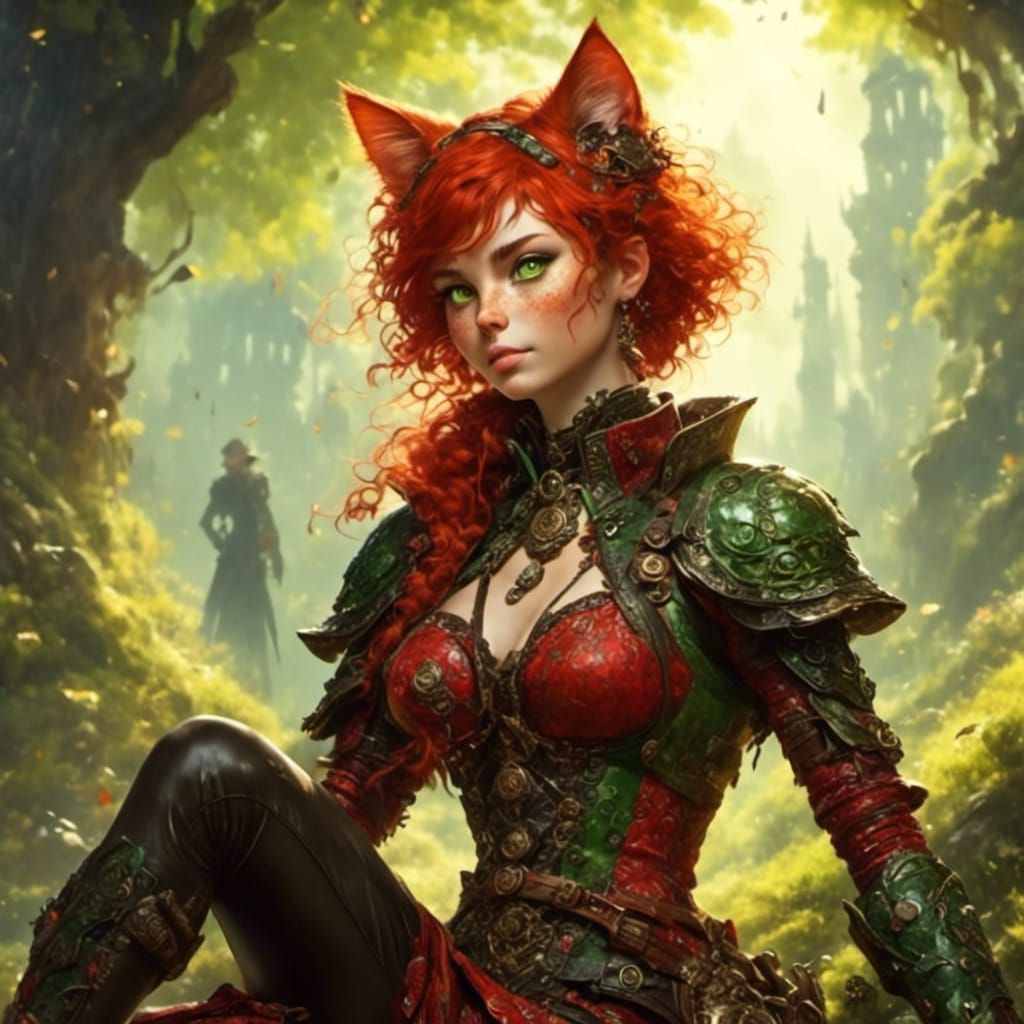 Attractive Anthro Cat with Red Hair in Forest