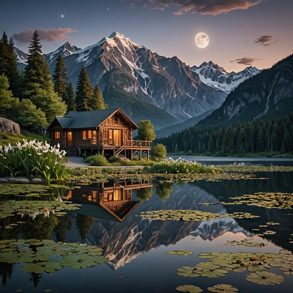 Twilight Lakeside Cabin Scene with Snowy Mountains
