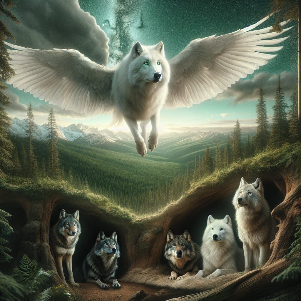 Winged White Wolf Soaring Above Forest Den