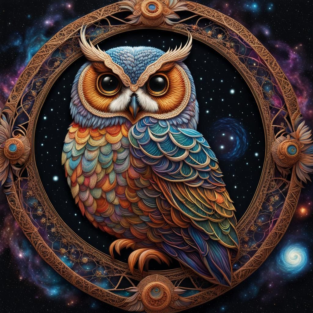 "Exquisite Embroidery, intricate stitching, Mystical Night Owl nestled among swirling cosmic constellations, Intricate, ...