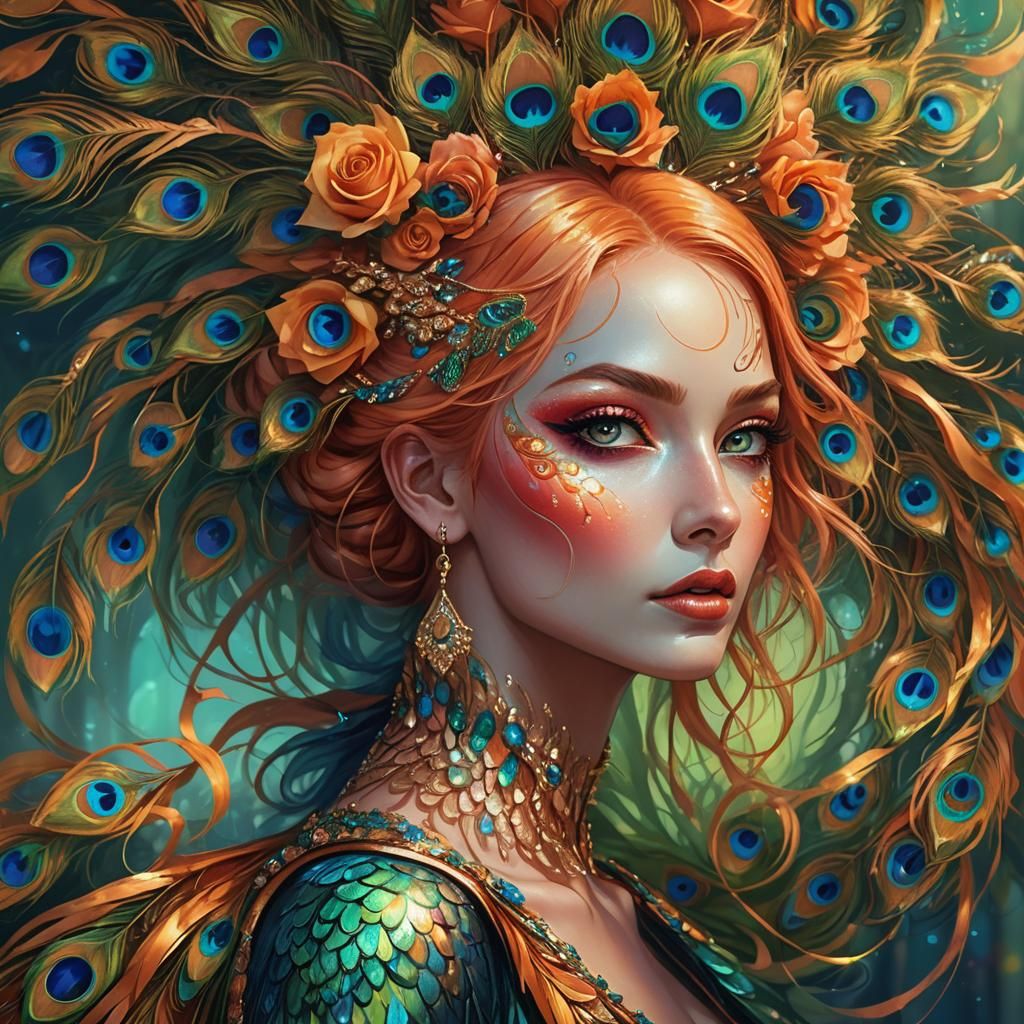 Rose Gold Woman with Peacock Feathers in Pop Art Style