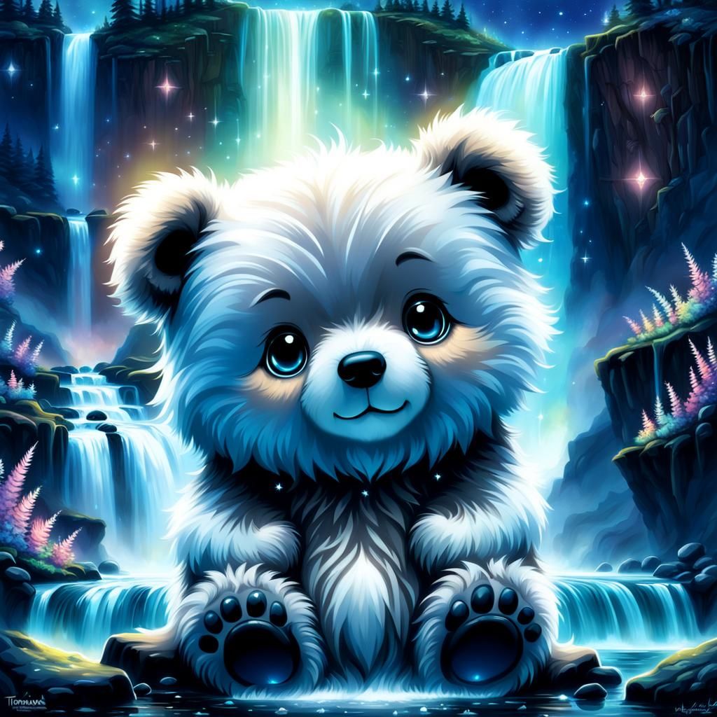 Chibi Constellation Bear Above Bioluminescent Waterfall