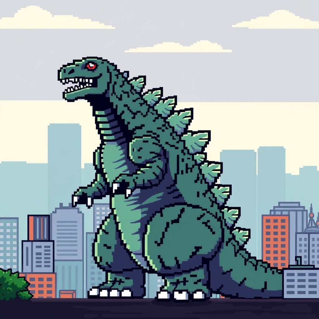 Pixel Godzilla Towers Over Retro City