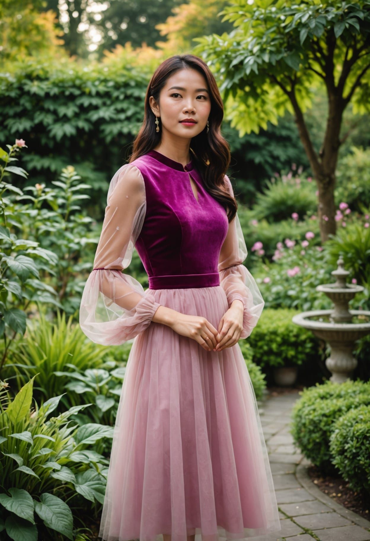 Asian Woman in Pink Velvet and Tulle Dress in Garden