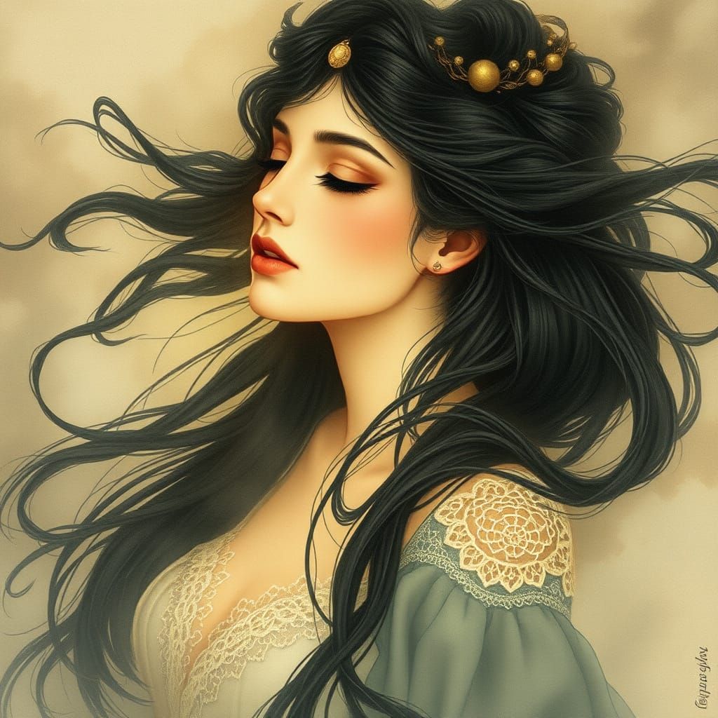 Mystical Watercolor Portrait of a Woman in Art Nouveau Style