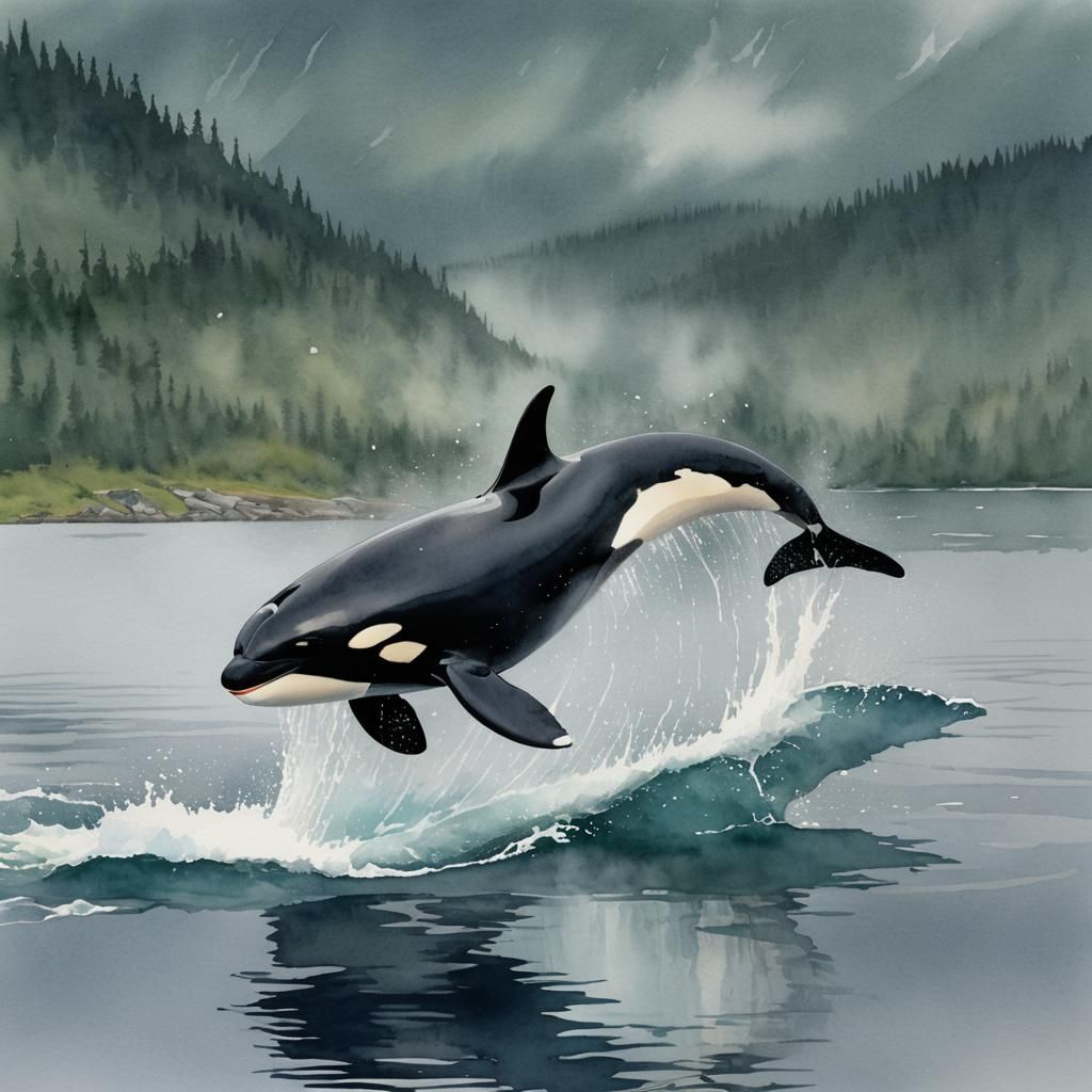 Orca Whale Leaps in Watercolor Alaska