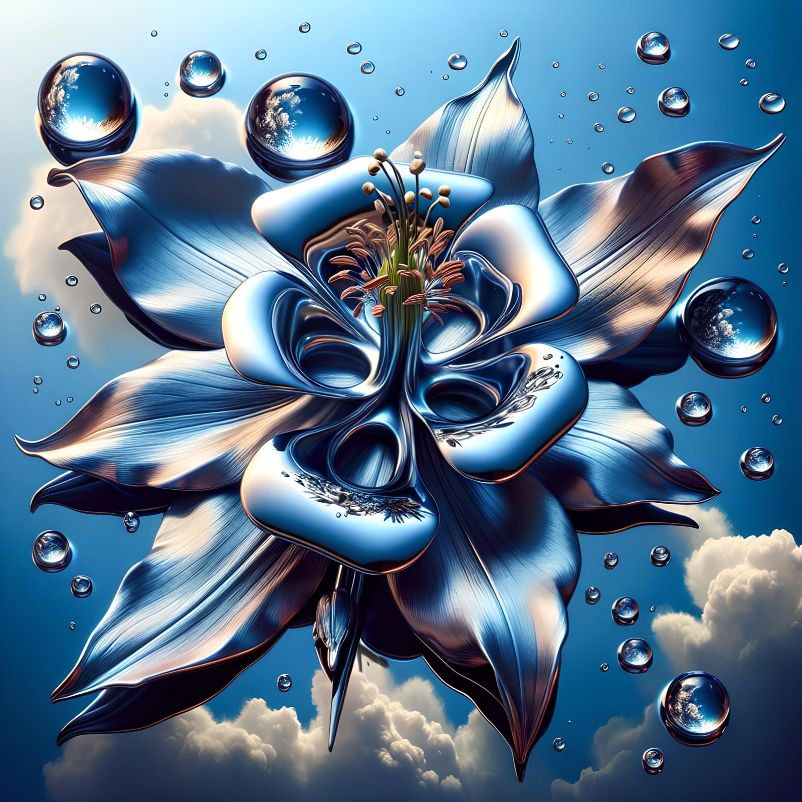 Chromed Steel Columbine Flower Reflecting Sky