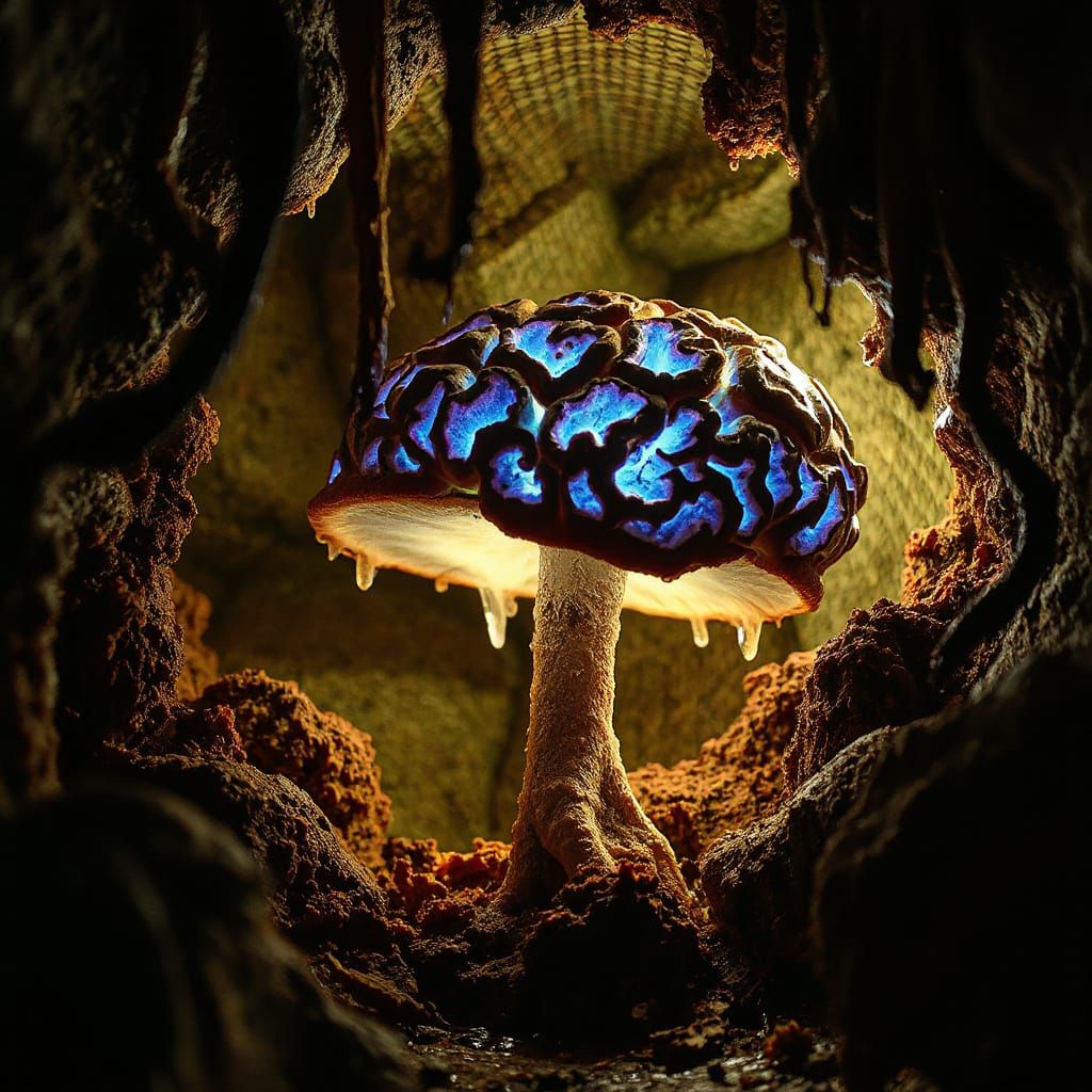 Ethereal Bioluminescent Fungal Brain in a Woven Rust Cavern